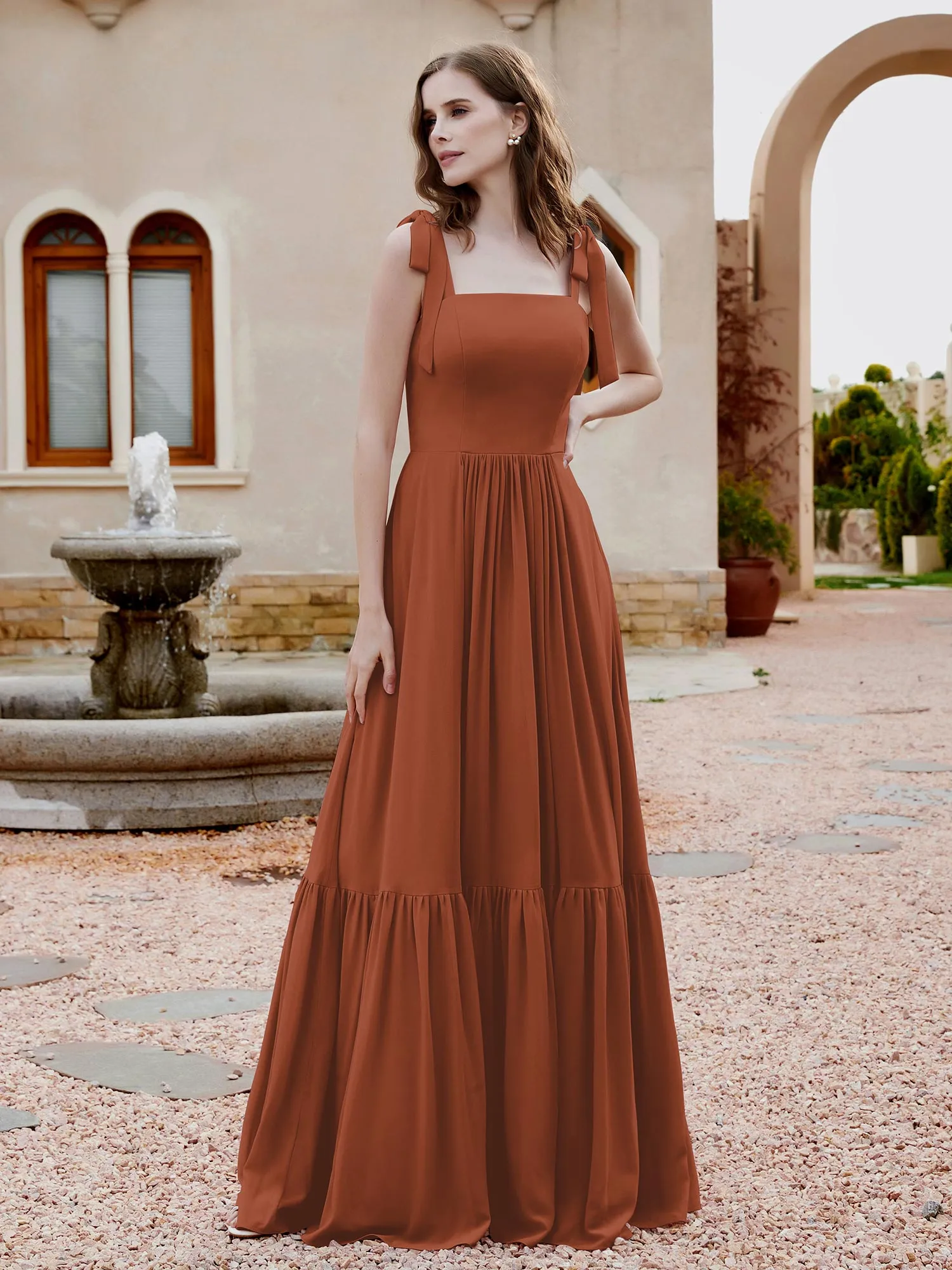 A-Line Bow Ruffle Sleeveless Chiffon Dress Rust