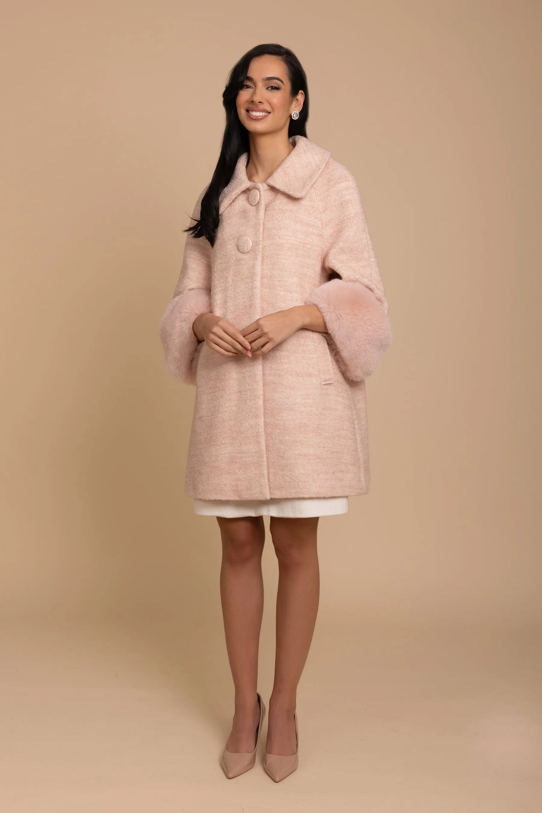 'Angelique' Wool Tweed and Faux Fur Swing Coat in Rosa