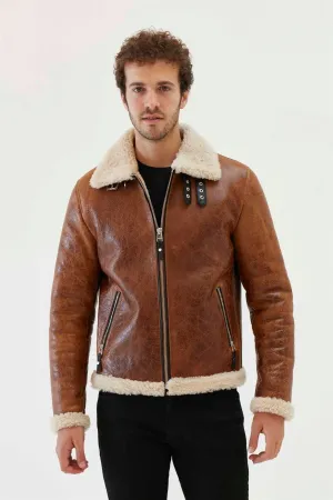 Aviator Tan & Off-White Shearling Jacket for Men