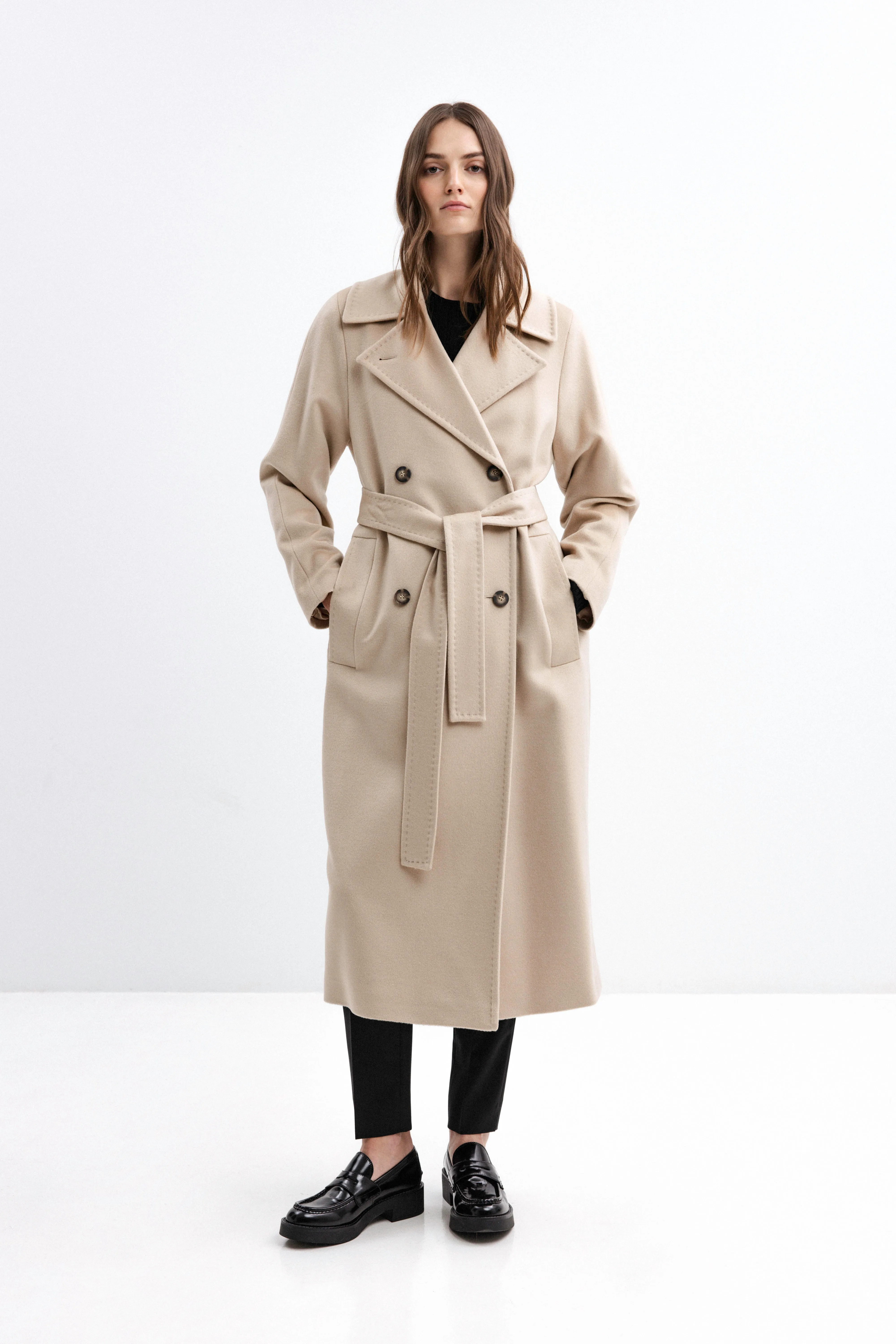 BEIGE BELTED WOOL COAT