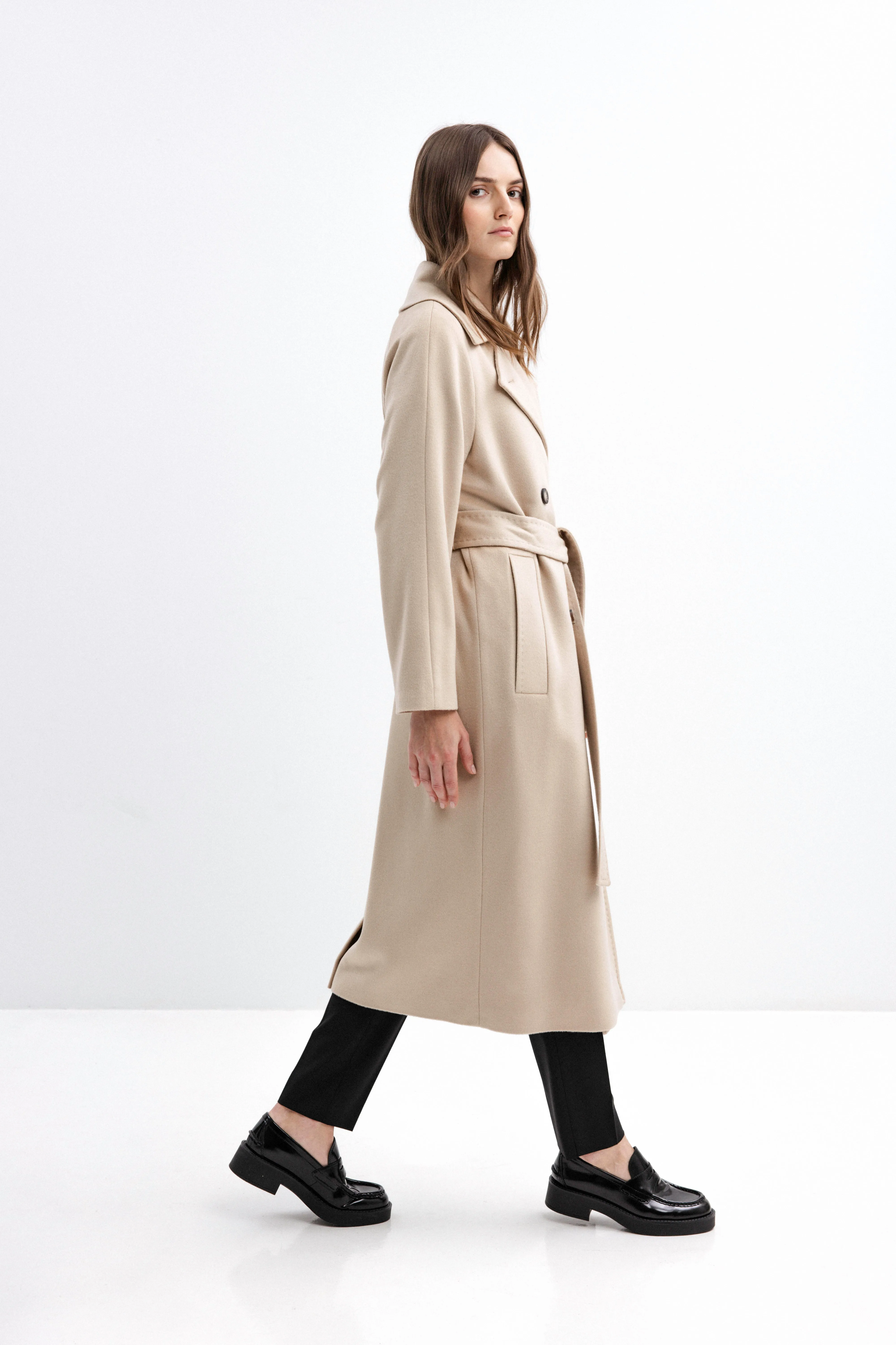 BEIGE BELTED WOOL COAT