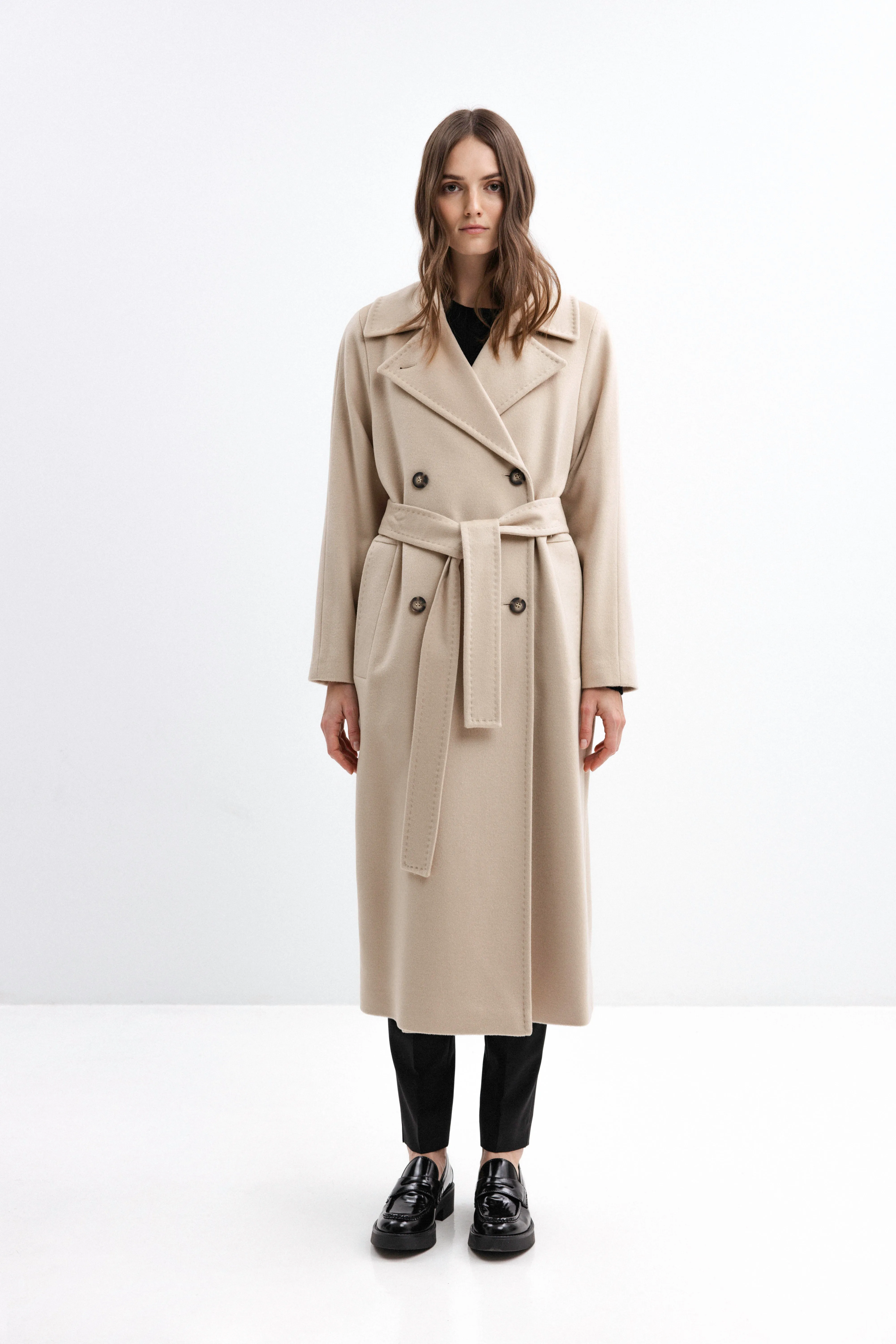 BEIGE BELTED WOOL COAT