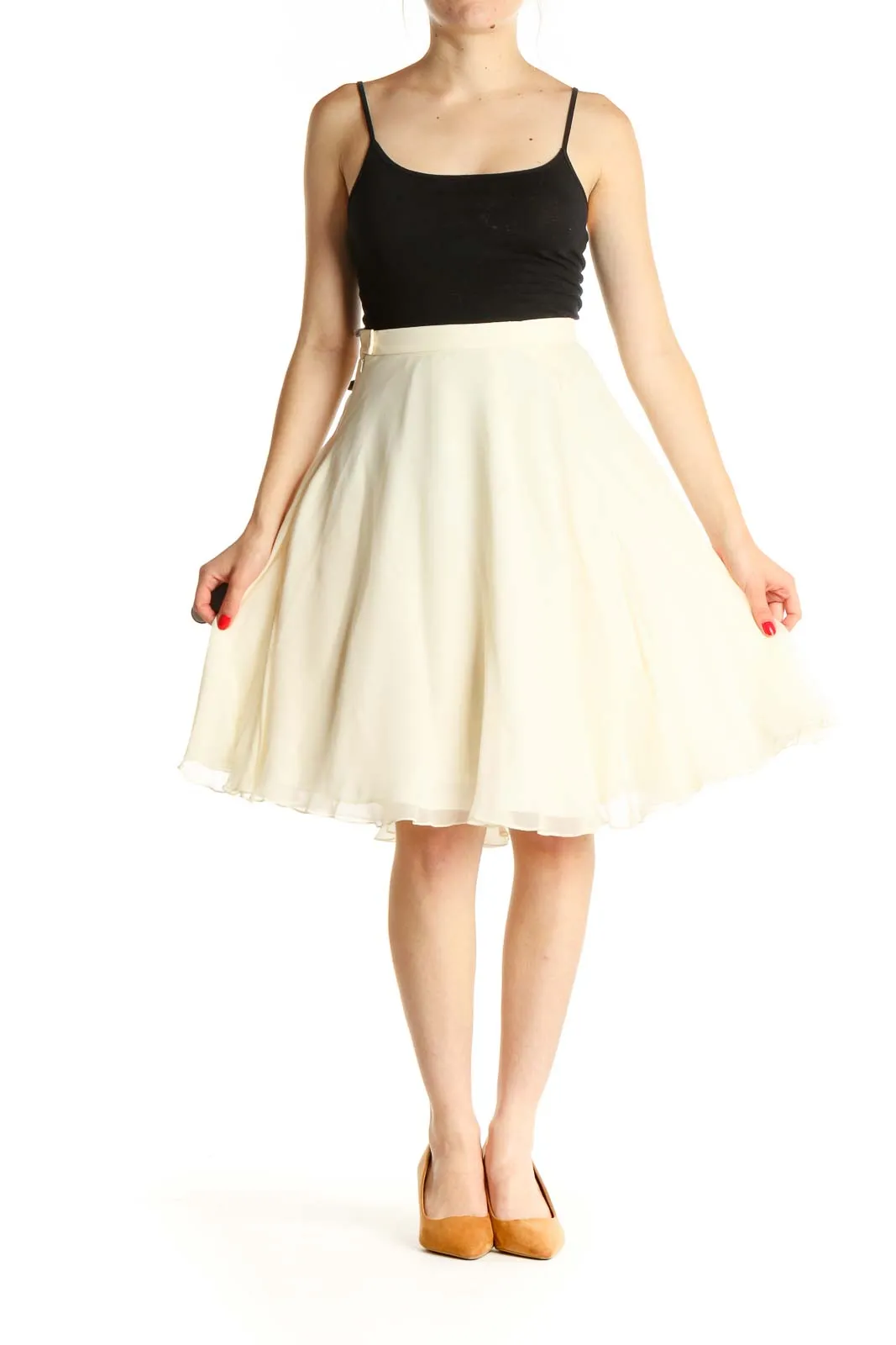 Beige Solid Chic Flared Skirt