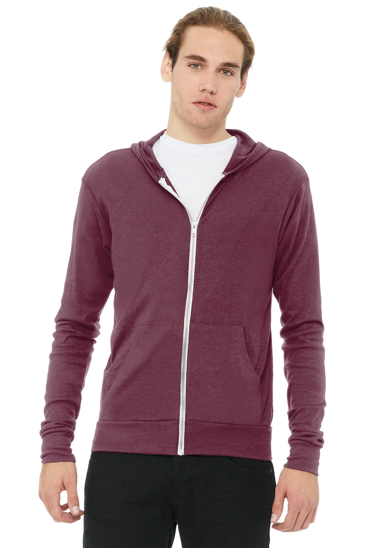 Bella Canvas Unisex Triblend Full-Zip Lightweight Hoodie, Maroon