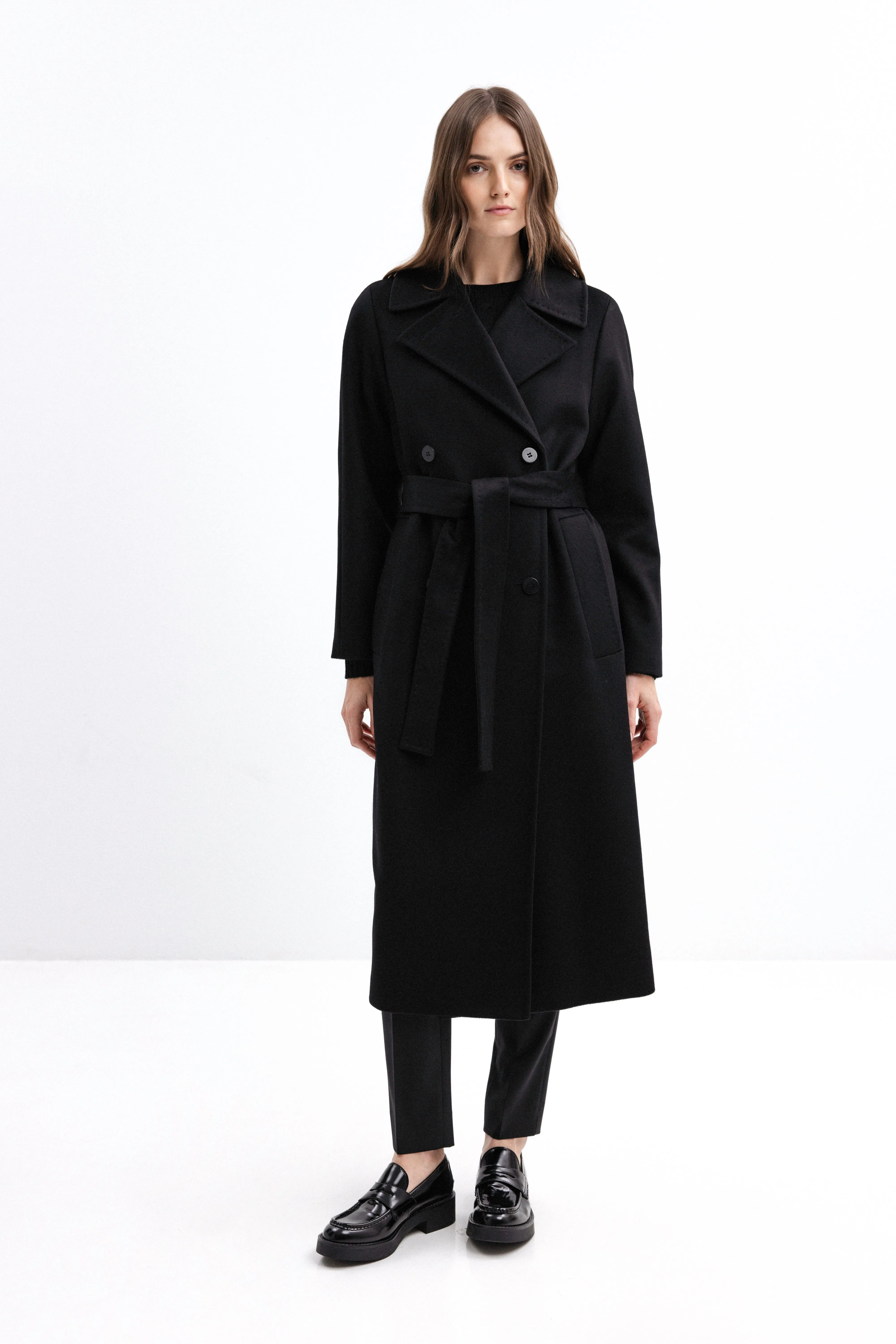 BLACK BELTED WOOL COAT