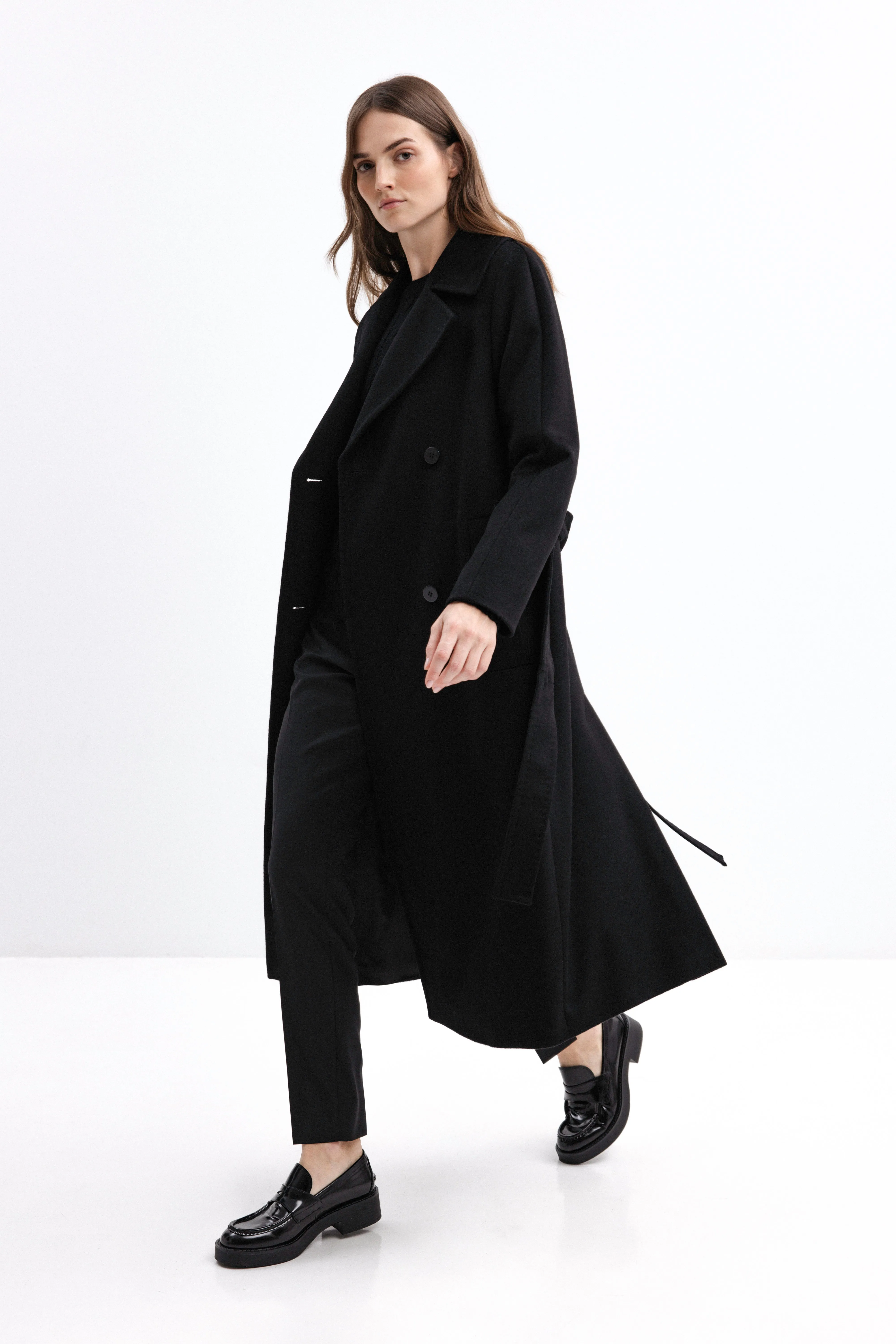 BLACK BELTED WOOL COAT