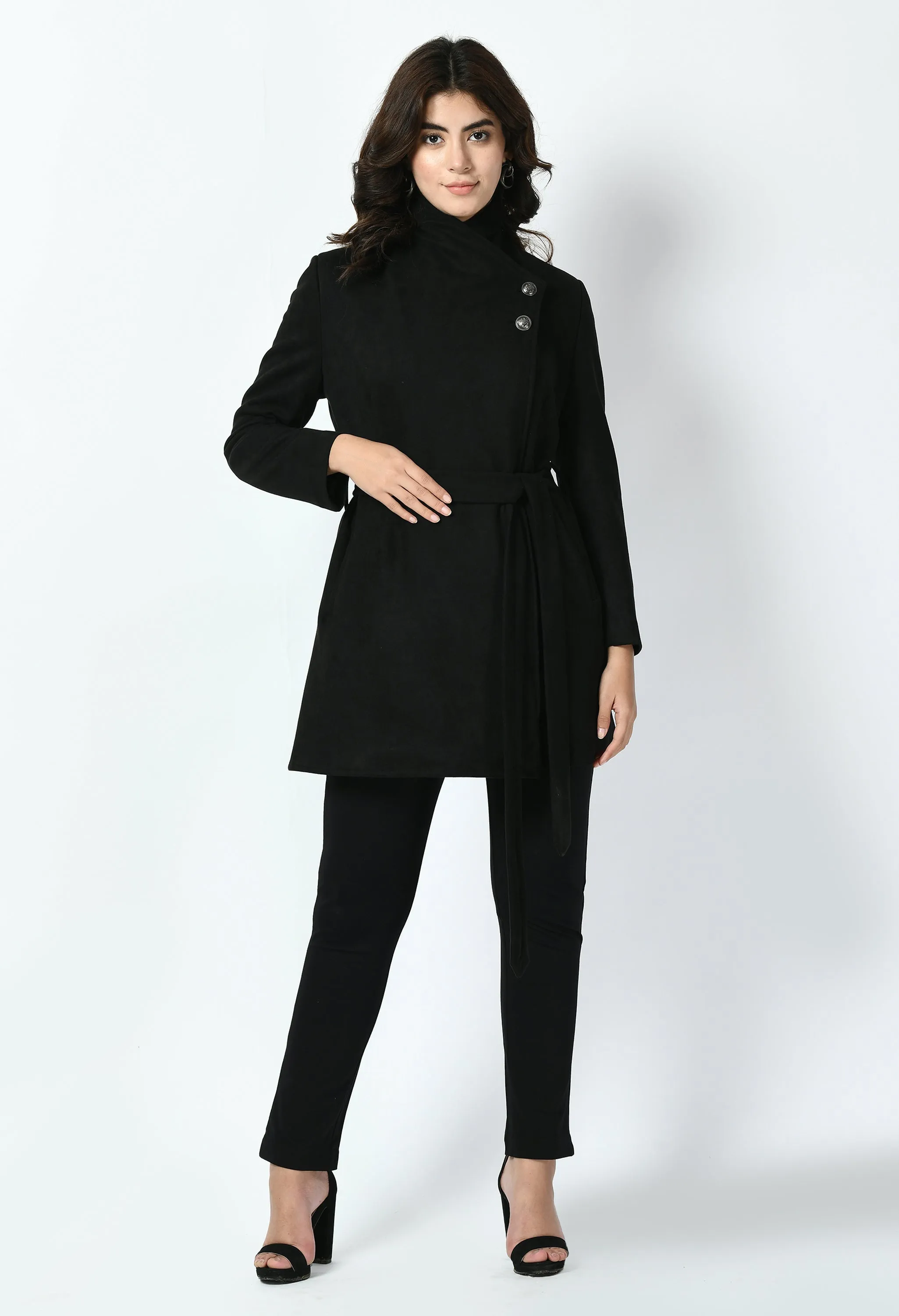 Black Cotton Blend Spark Suede Leather Medium Wrap Coat