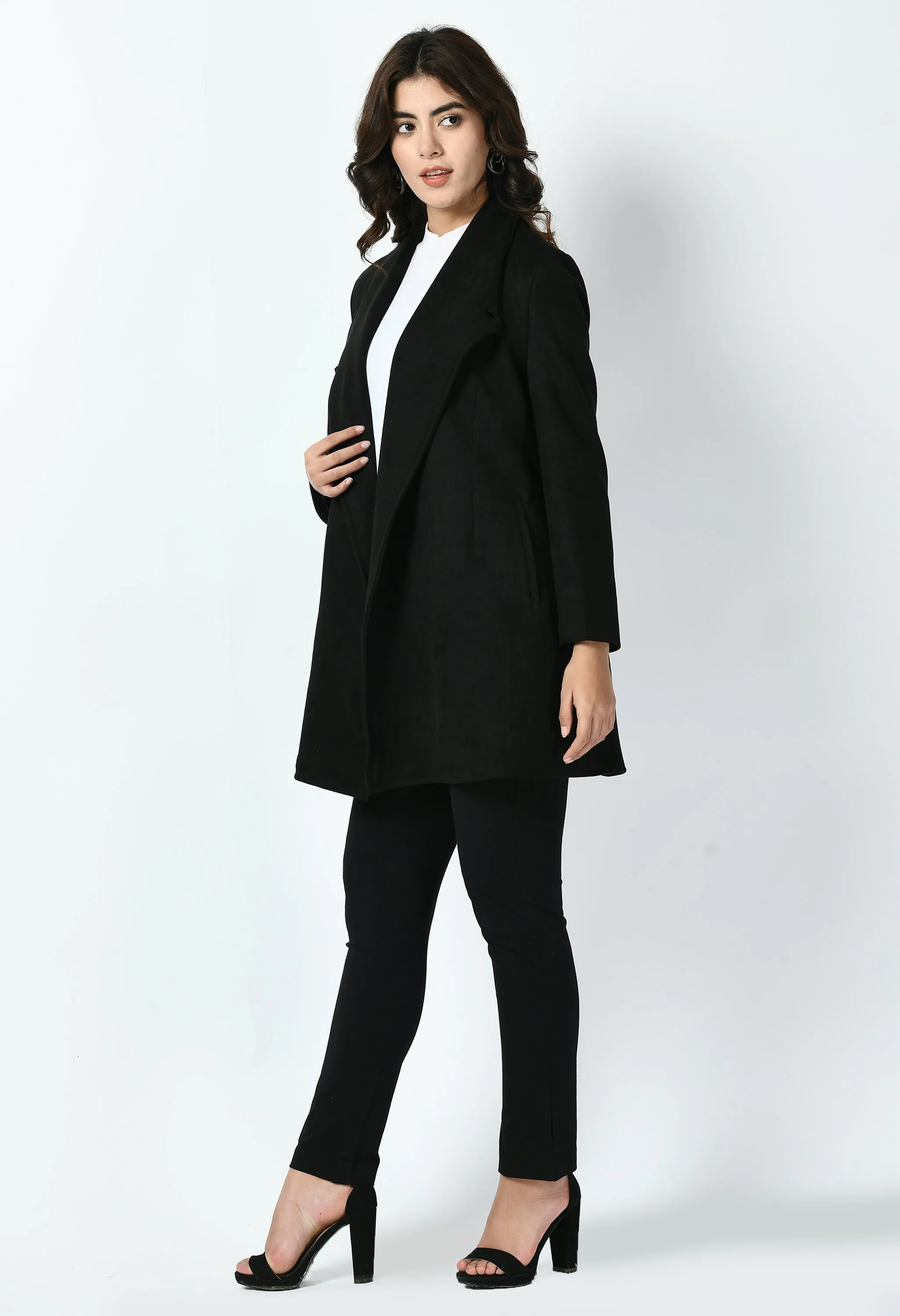 Black Cotton Blend Spark Suede Leather Medium Wrap Coat