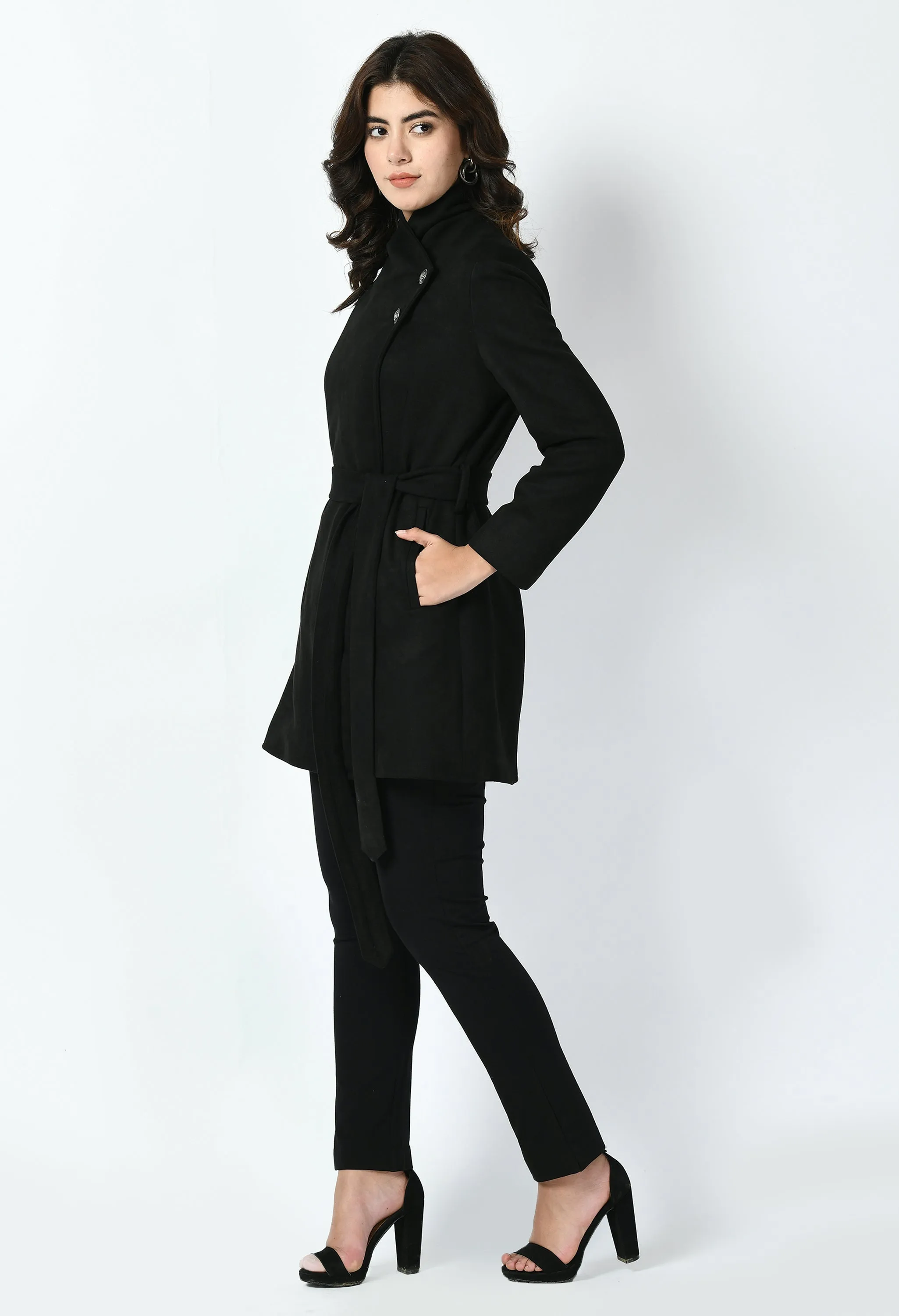 Black Cotton Blend Spark Suede Leather Medium Wrap Coat