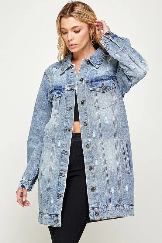 Blue Age Washed Distressed Longline Denim Jacket