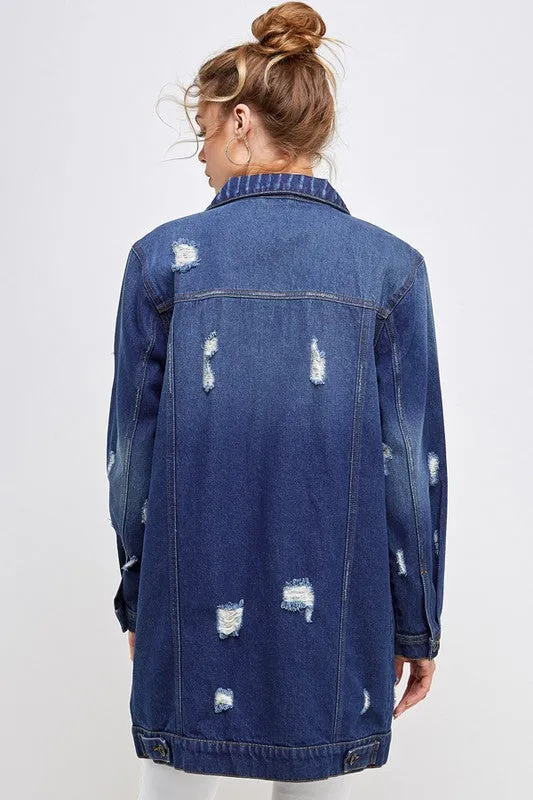 Blue Age Washed Distressed Longline Denim Jacket