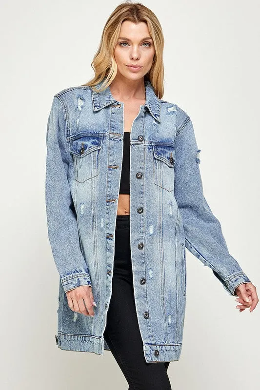 Blue Age Washed Distressed Longline Denim Jacket