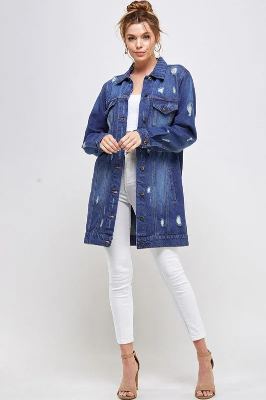 Blue Age Washed Distressed Longline Denim Jacket