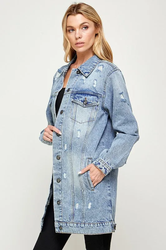 Blue Age Washed Distressed Longline Denim Jacket