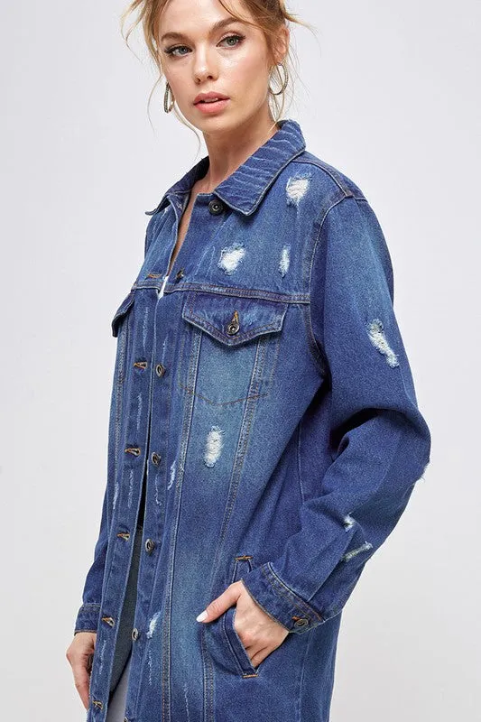 Blue Age Washed Distressed Longline Denim Jacket