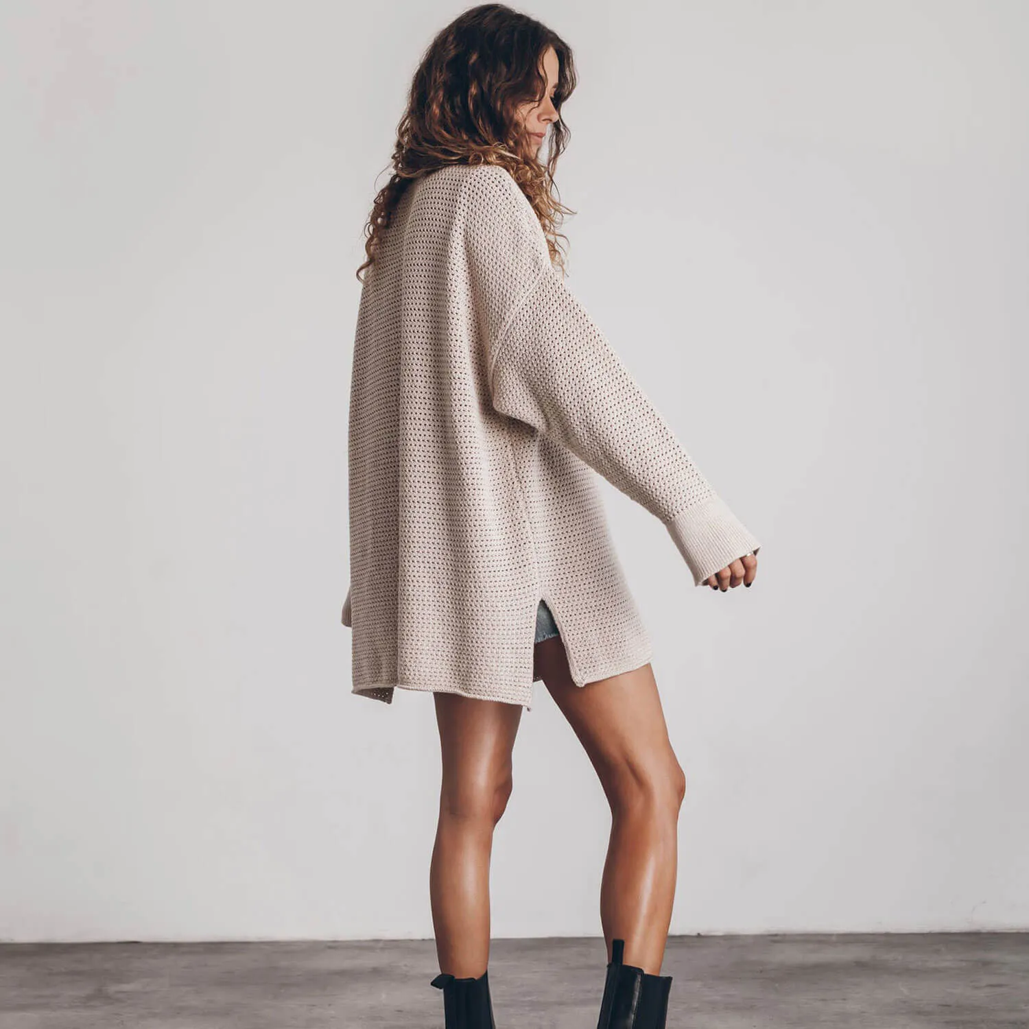 Boho Oversized Open Knit Round Neck Long Sleeve Drop Shoulder Side Split Sweater