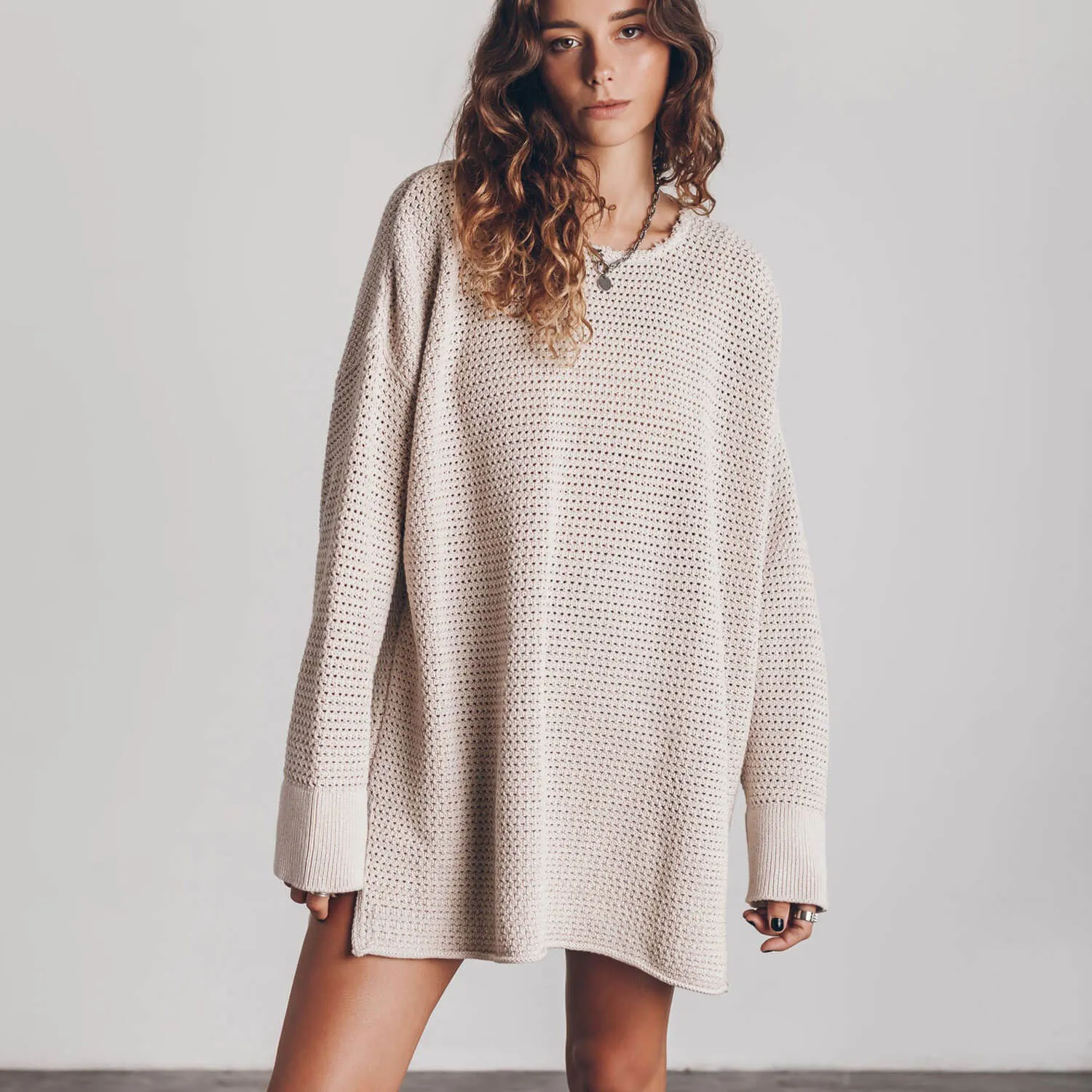 Boho Oversized Open Knit Round Neck Long Sleeve Drop Shoulder Side Split Sweater