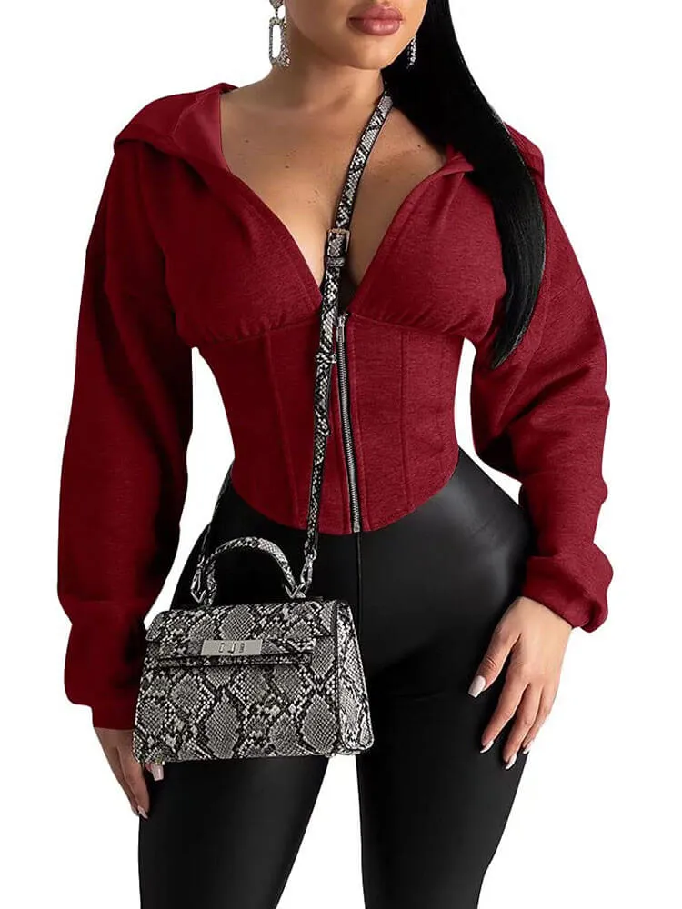 Casual Long Sleeve Zipper Crop Tops