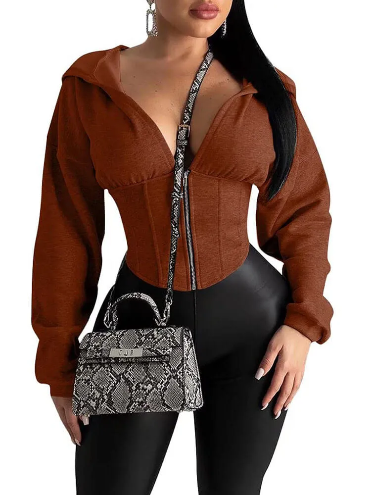 Casual Long Sleeve Zipper Crop Tops