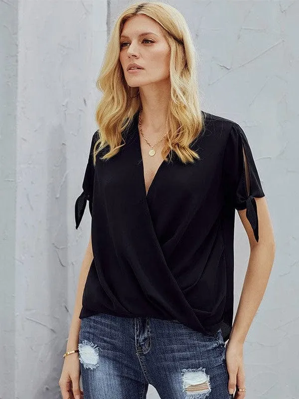 Casual Loose Draped Solid Wrap Top