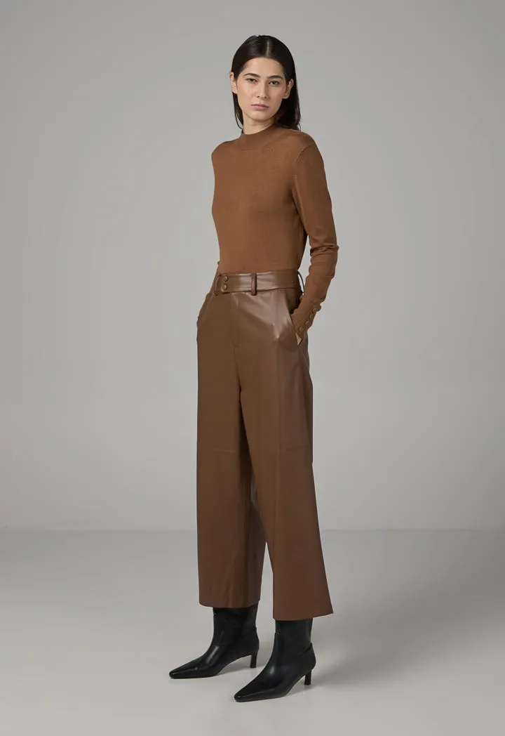 Choice Pu Leather Wide Legs Basic Trousers Brown