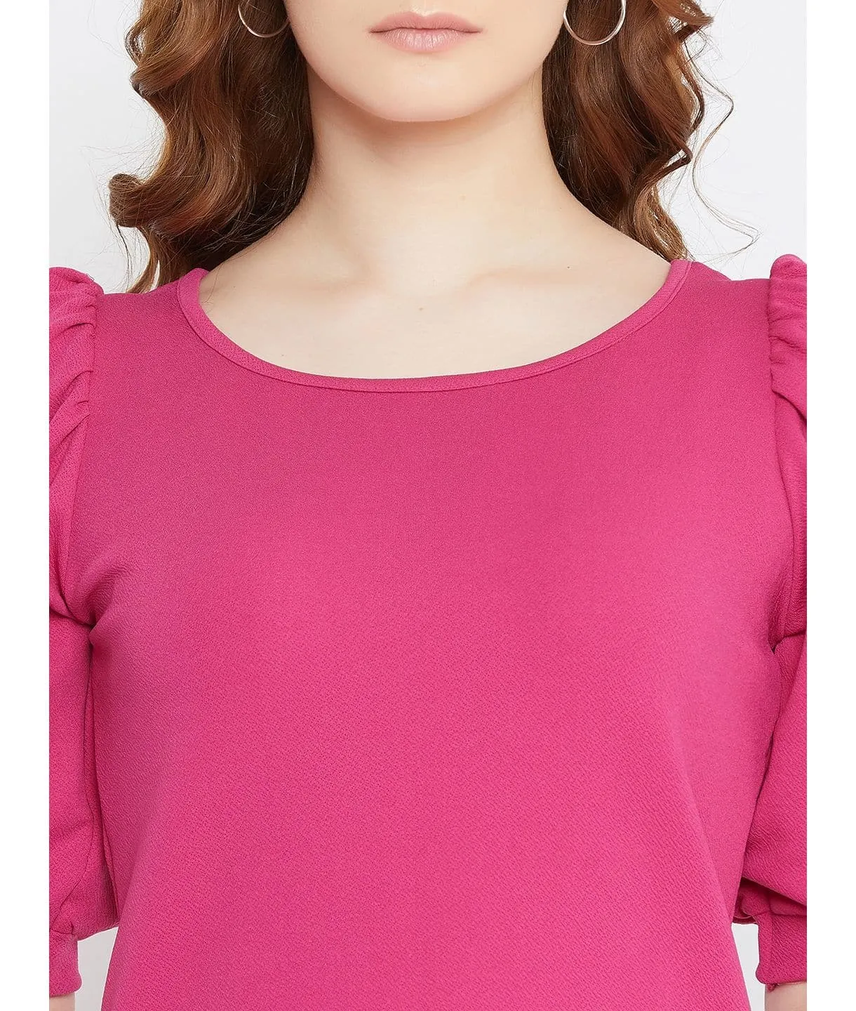 Cotton Solid Stretchable Round Neck Puff Sleeve Top