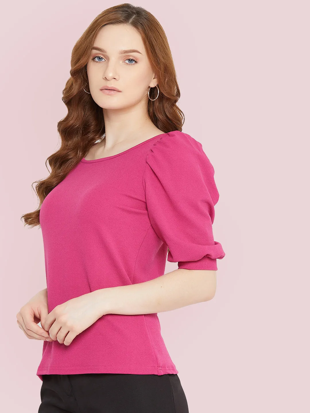 Cotton Solid Stretchable Round Neck Puff Sleeve Top