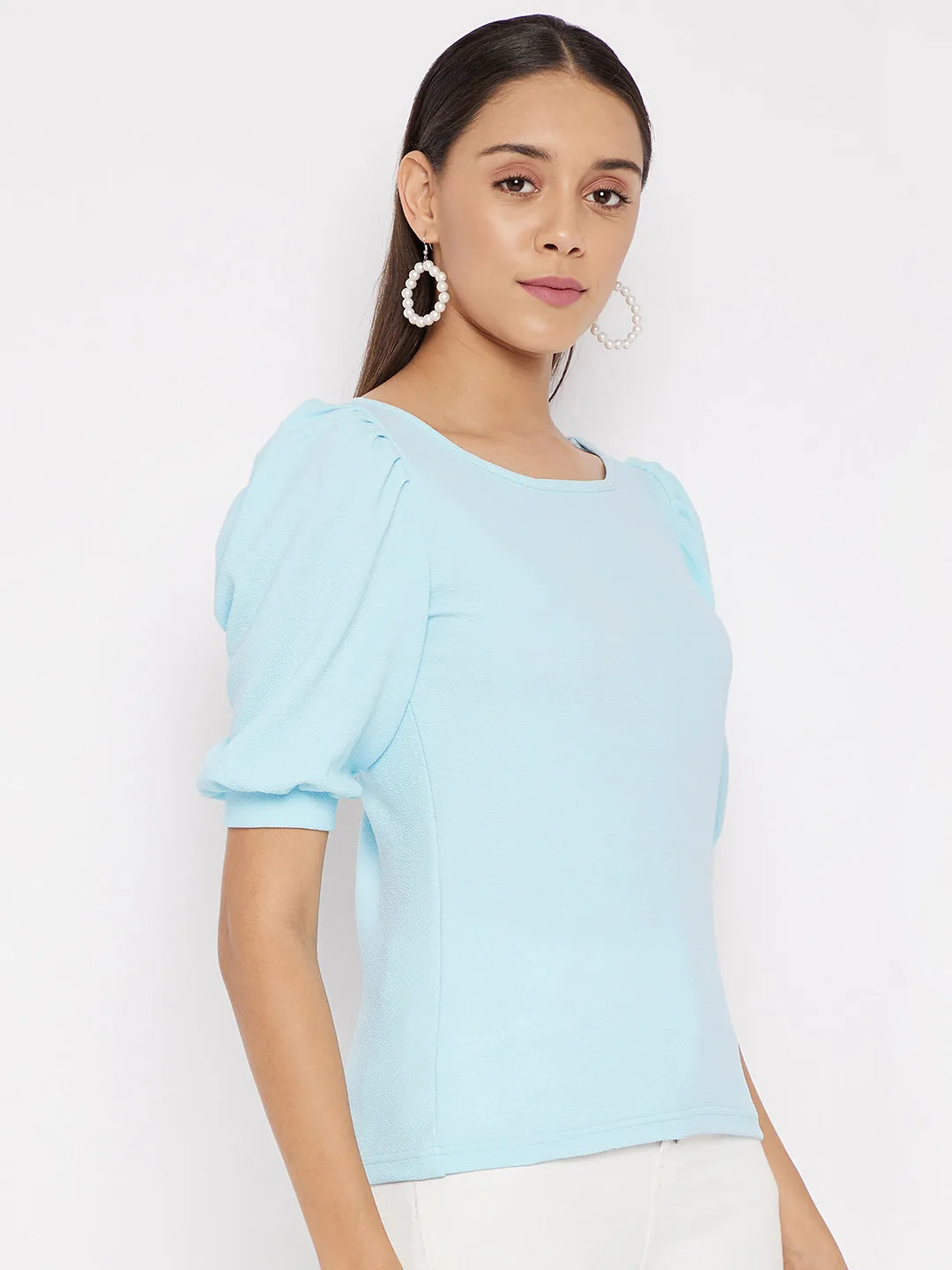 Cotton Solid Stretchable Round Neck Puff Sleeve Top