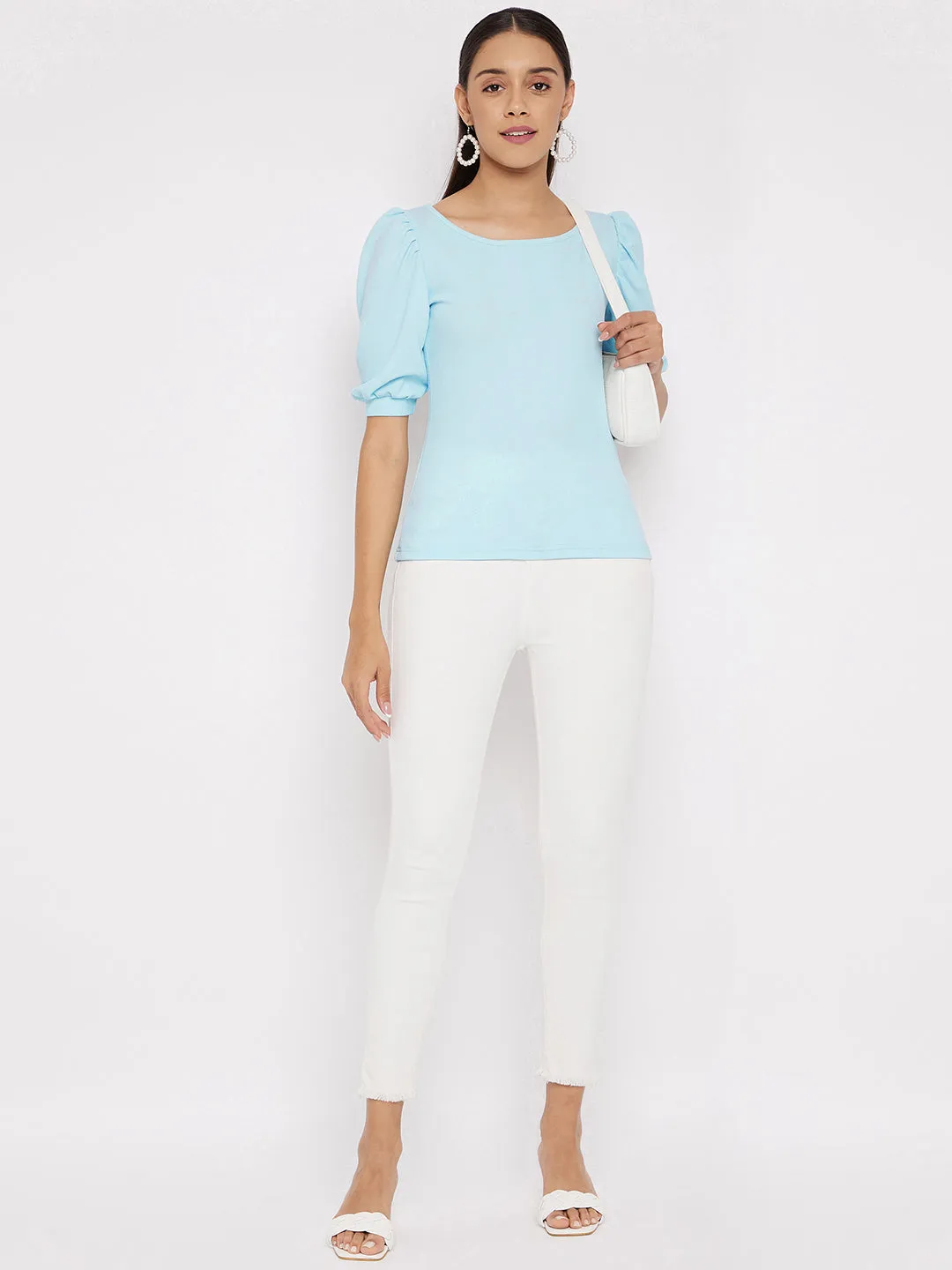 Cotton Solid Stretchable Round Neck Puff Sleeve Top