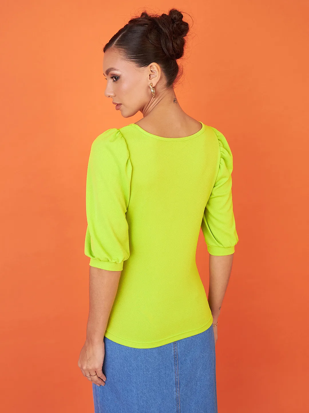 Cotton Solid Stretchable Round Neck Puff Sleeve Top