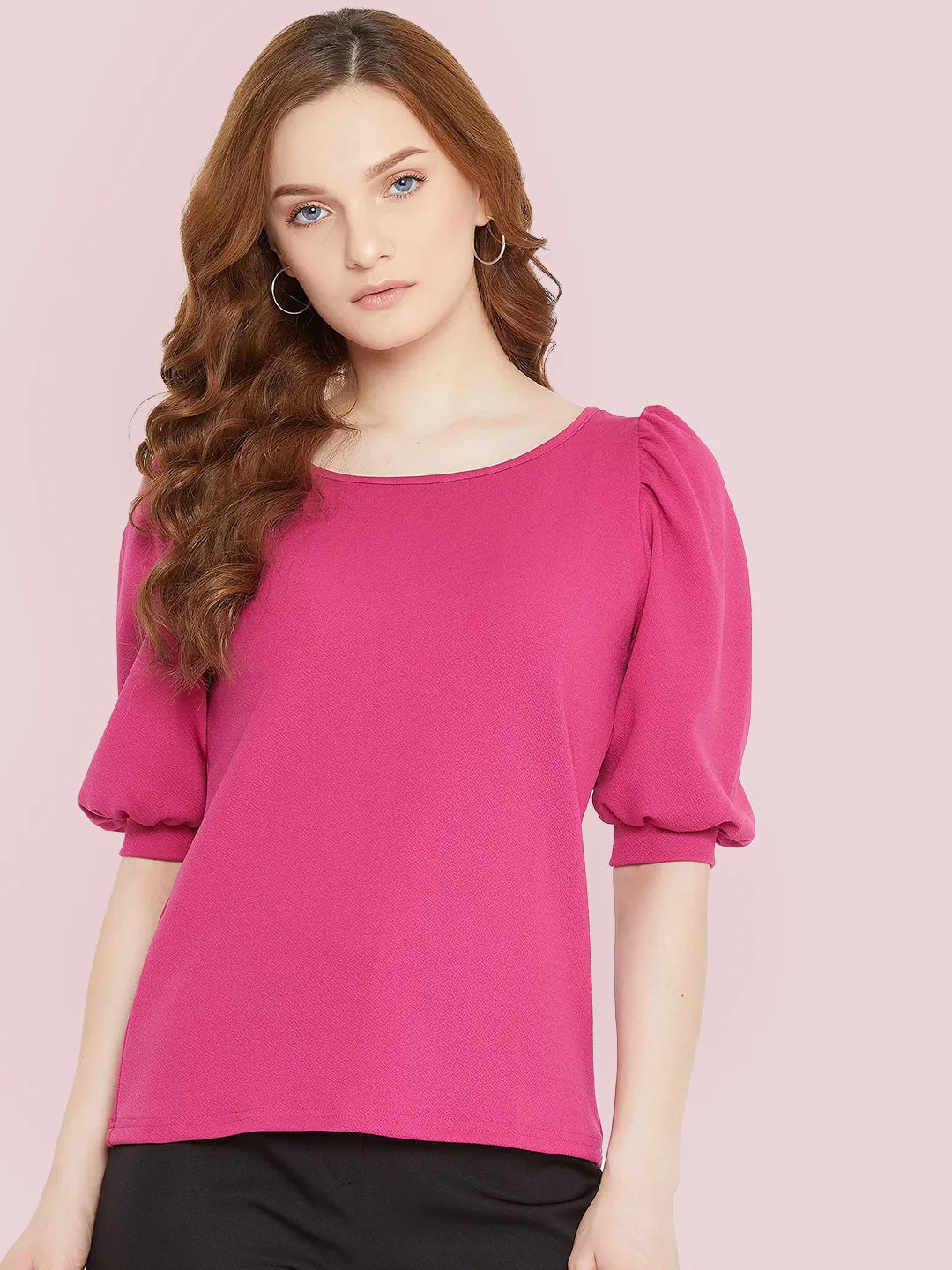 Cotton Solid Stretchable Round Neck Puff Sleeve Top