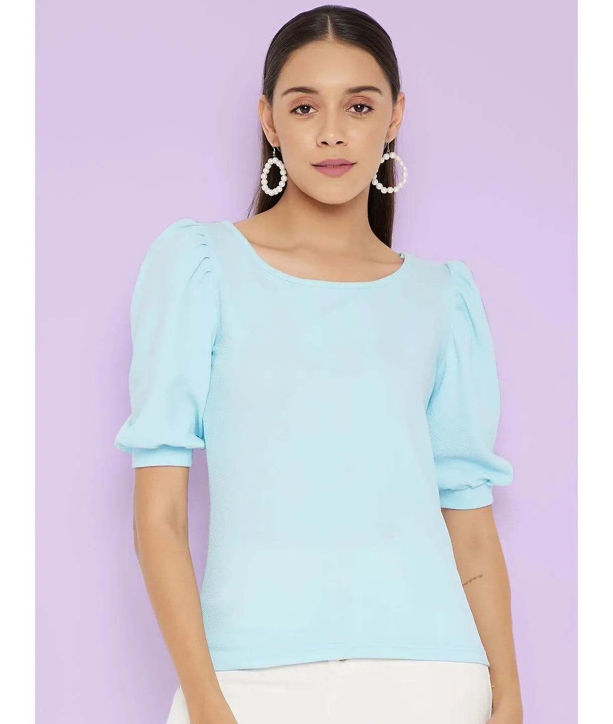 Cotton Solid Stretchable Round Neck Puff Sleeve Top