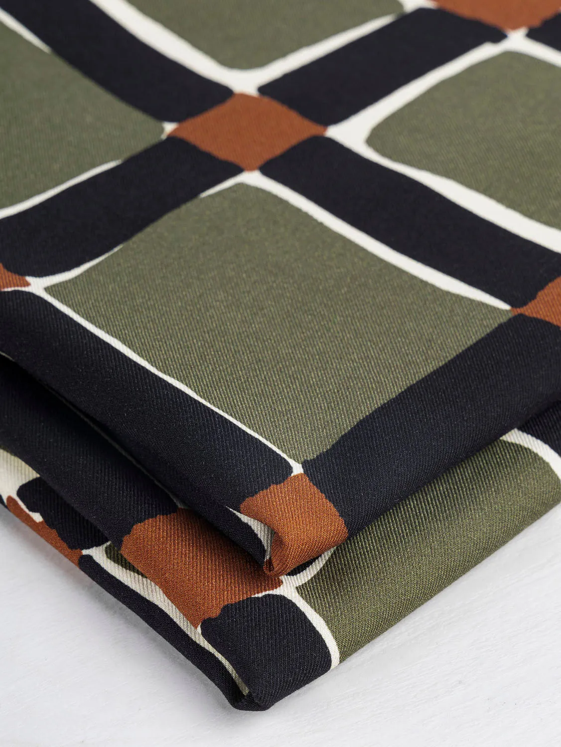 Deconstructed Plaid Viscose Twill - Olive   Black   Rust - Swatch