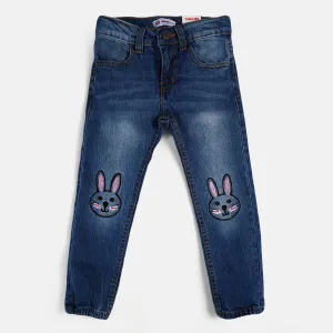 Girls Denim Pant Bunny Face - Mid Blue