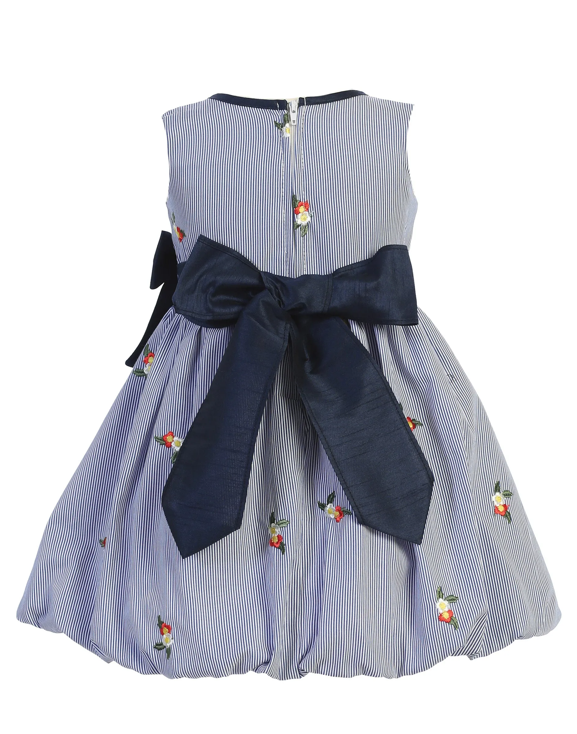 Girls Navy Stripe Embroidered Flowers Easter Dress 2T-7