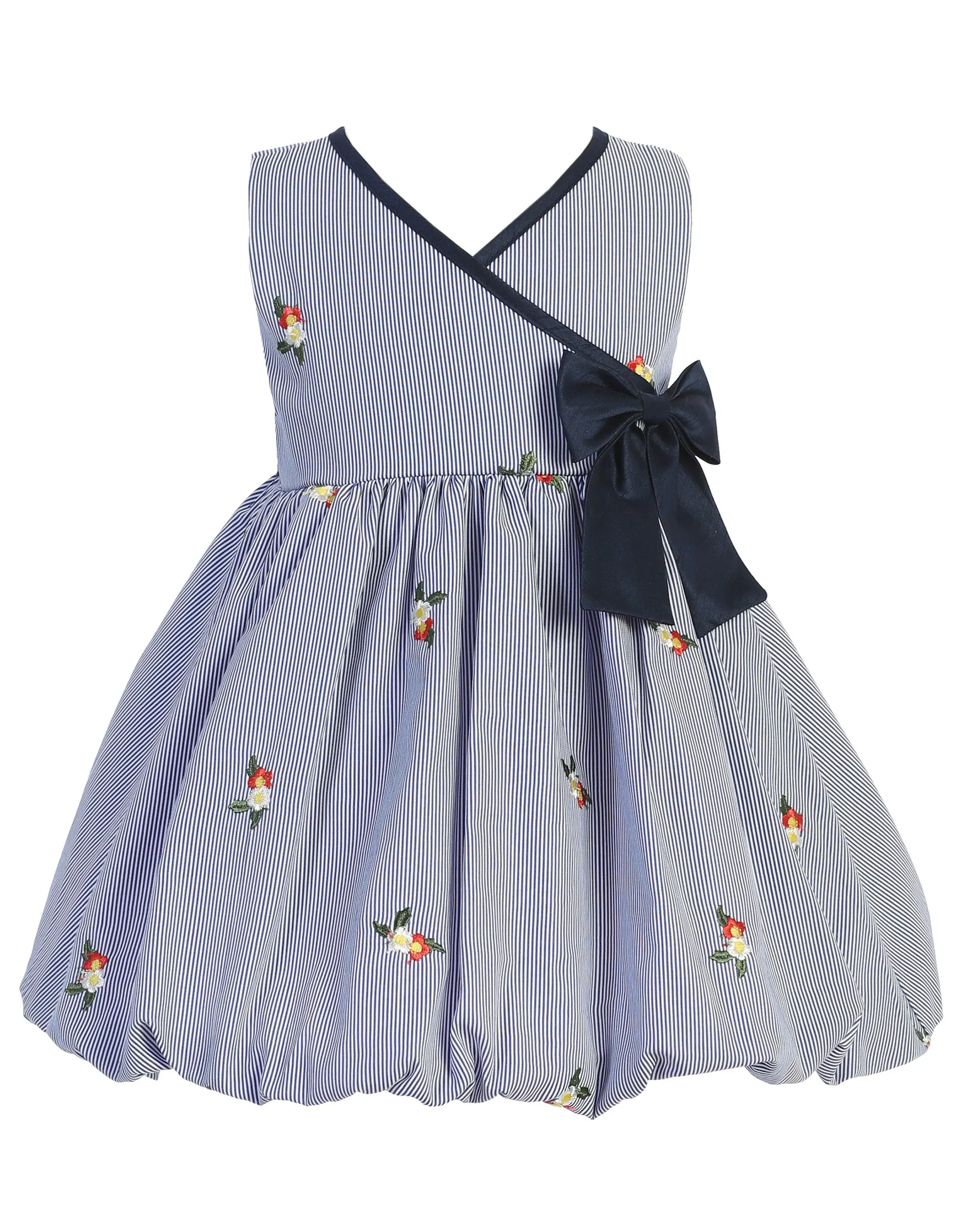 Girls Navy Stripe Embroidered Flowers Easter Dress 2T-7