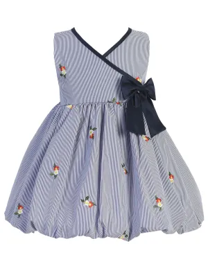 Girls Navy Stripe Embroidered Flowers Easter Dress 2T-7