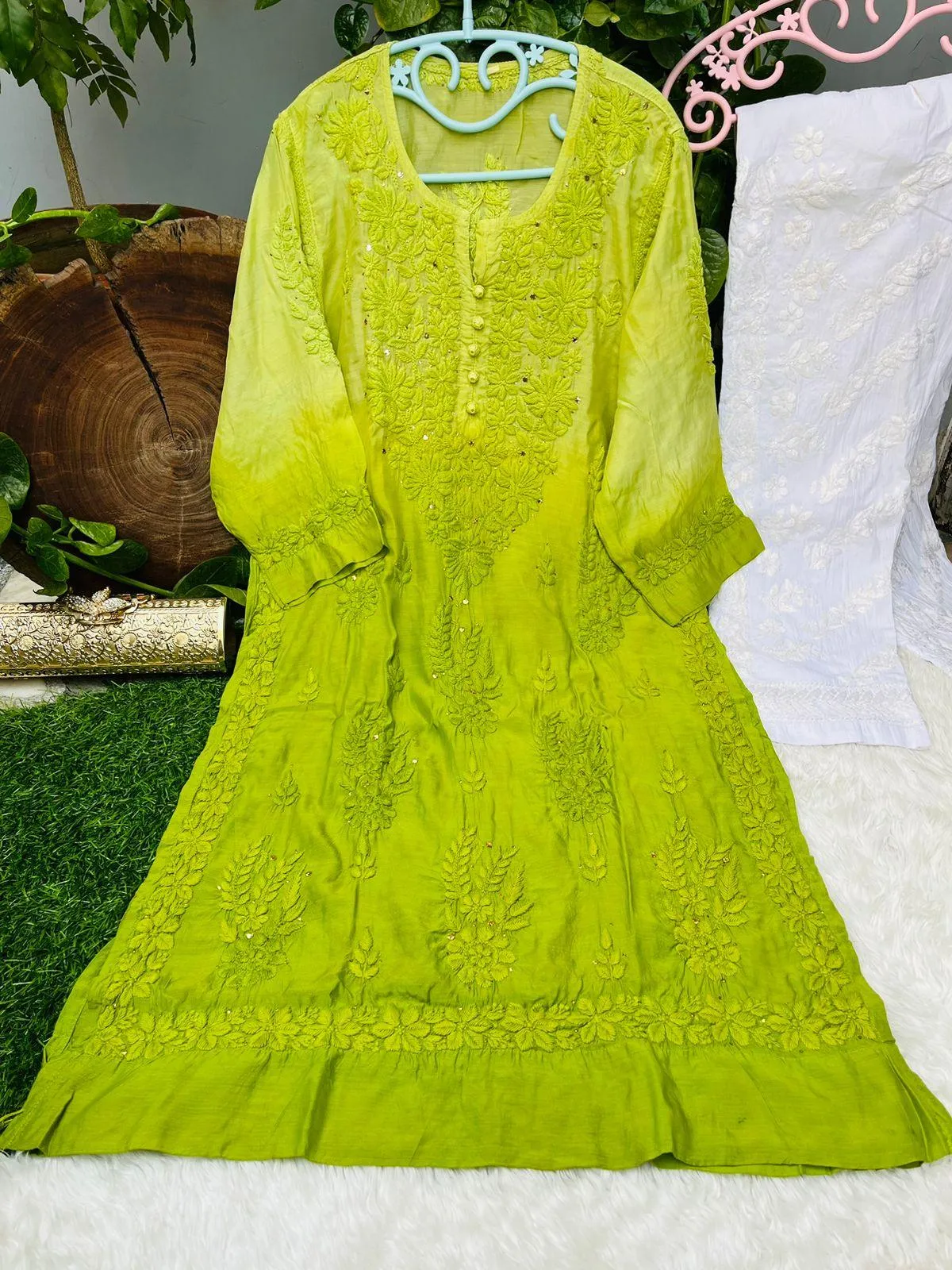 Green Elegance in Motion 3D Quraishiya Button Pure Muslin Kurti Set