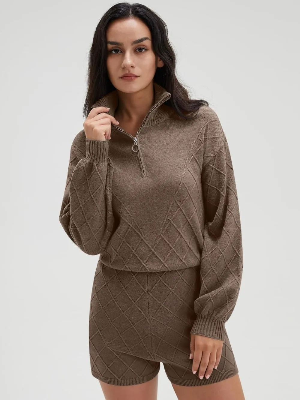 Half Zip Cable Knit Pullover Top & Shorts Sweater Set