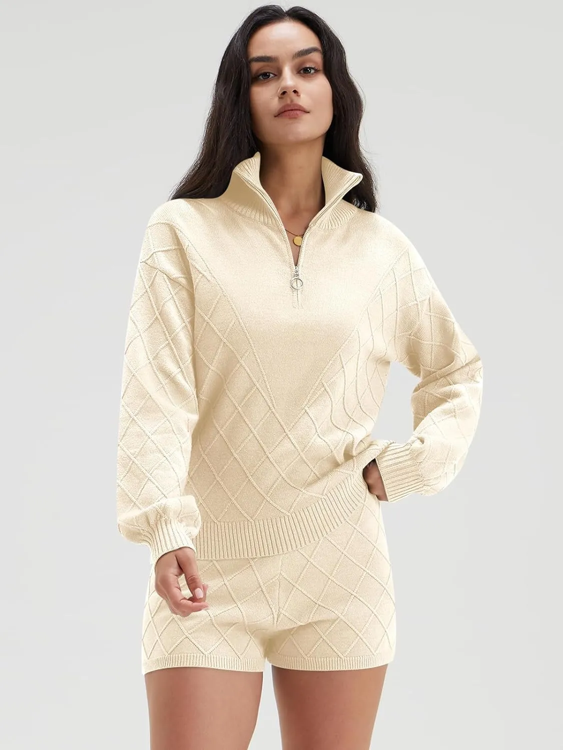 Half Zip Cable Knit Pullover Top & Shorts Sweater Set