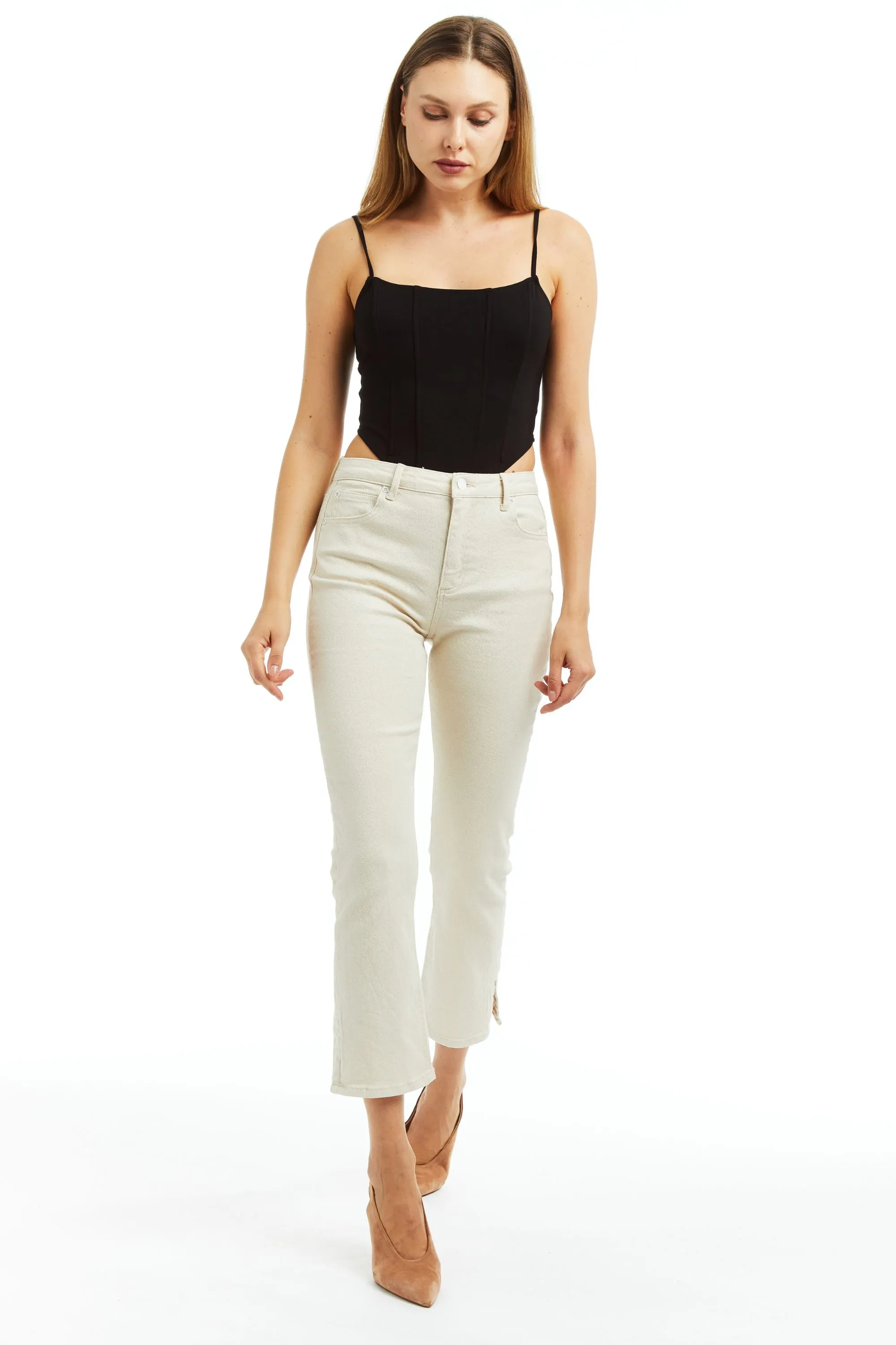 High Rise Crop Flare W Side Slit Clean Hem Stretch Lurex Twill