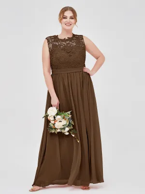 Illusion Neck Chiffon and Lace Dresses Brown