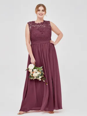 Illusion Neck Chiffon and Lace Dresses Mulberry