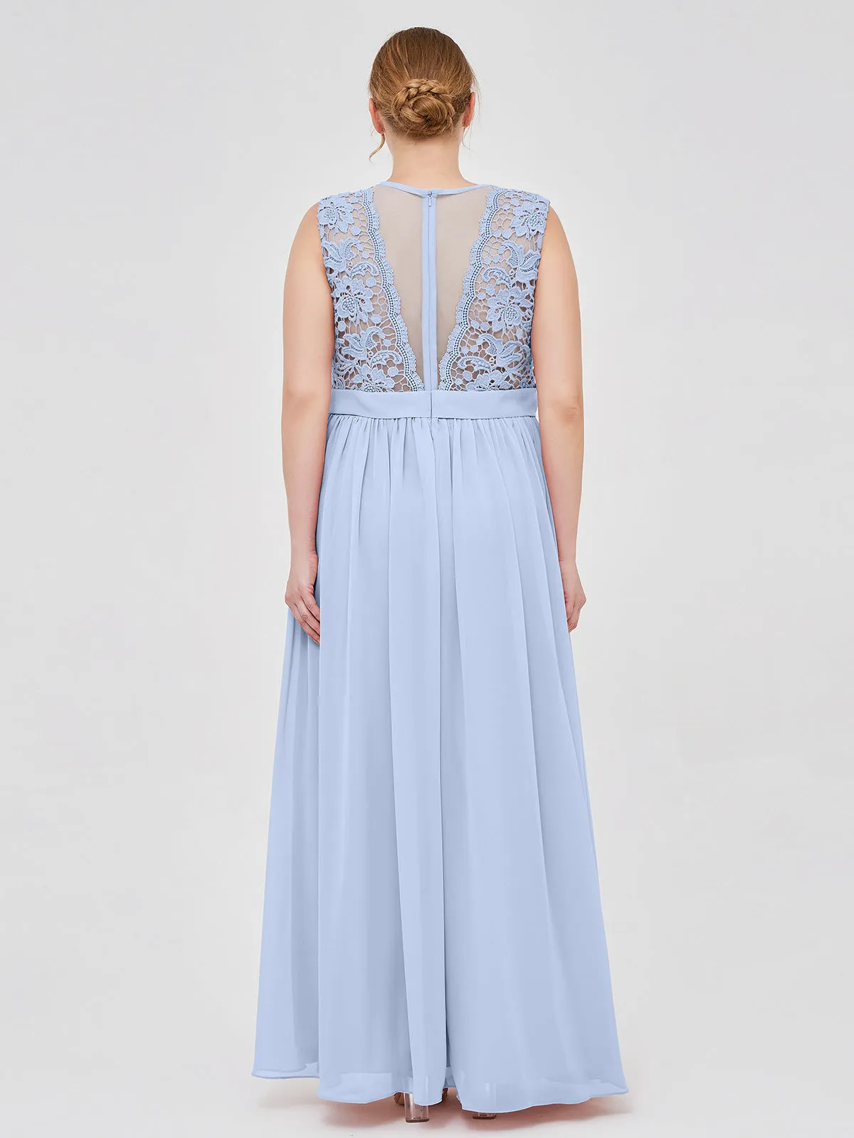 Illusion Neck Chiffon and Lace Dresses Sky Blue