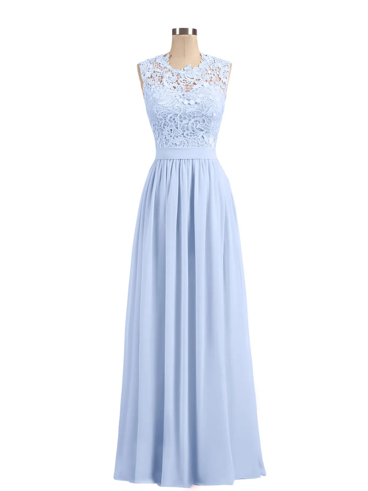 Illusion Neck Chiffon and Lace Dresses Sky Blue