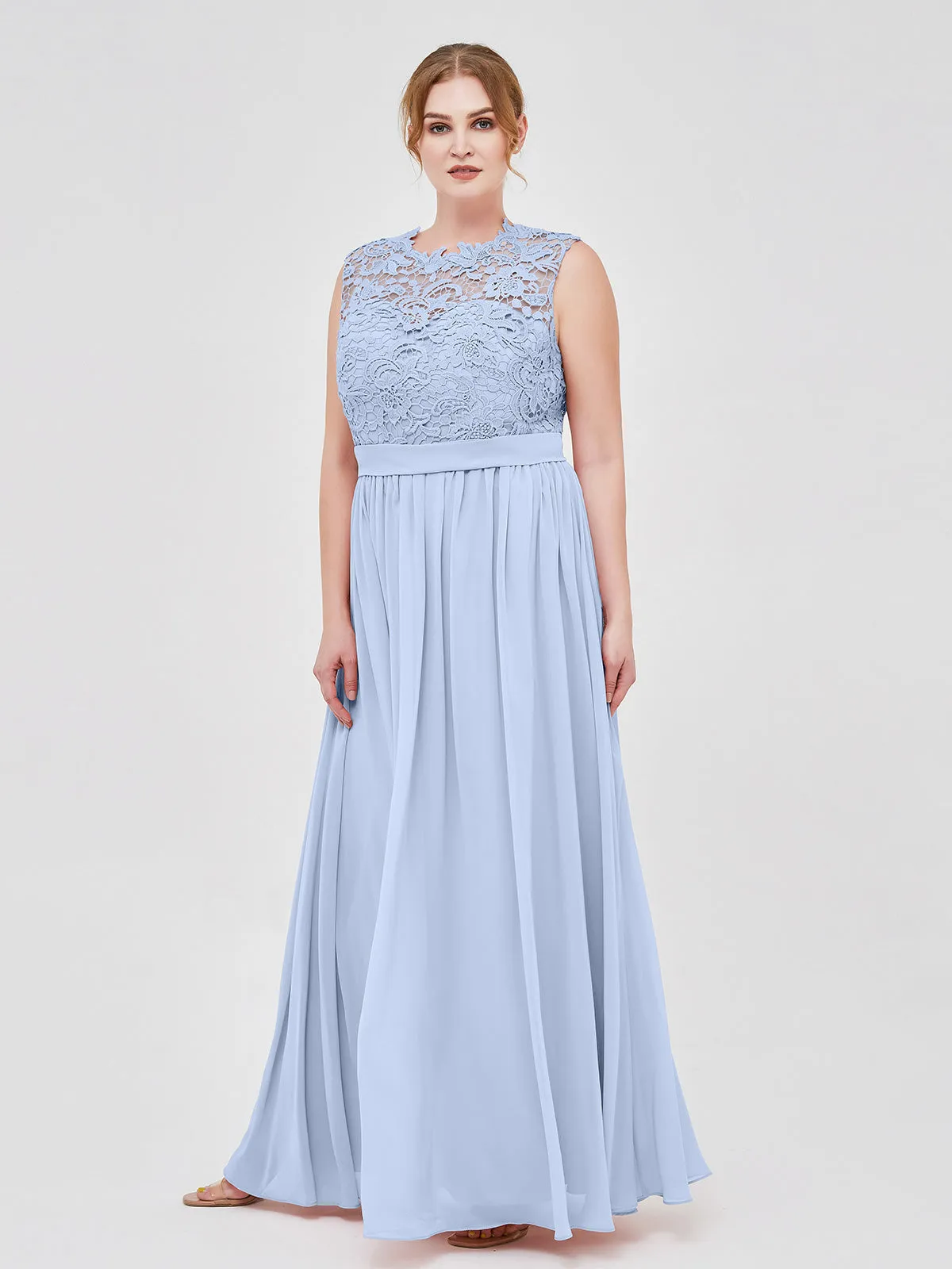 Illusion Neck Chiffon and Lace Dresses Sky Blue