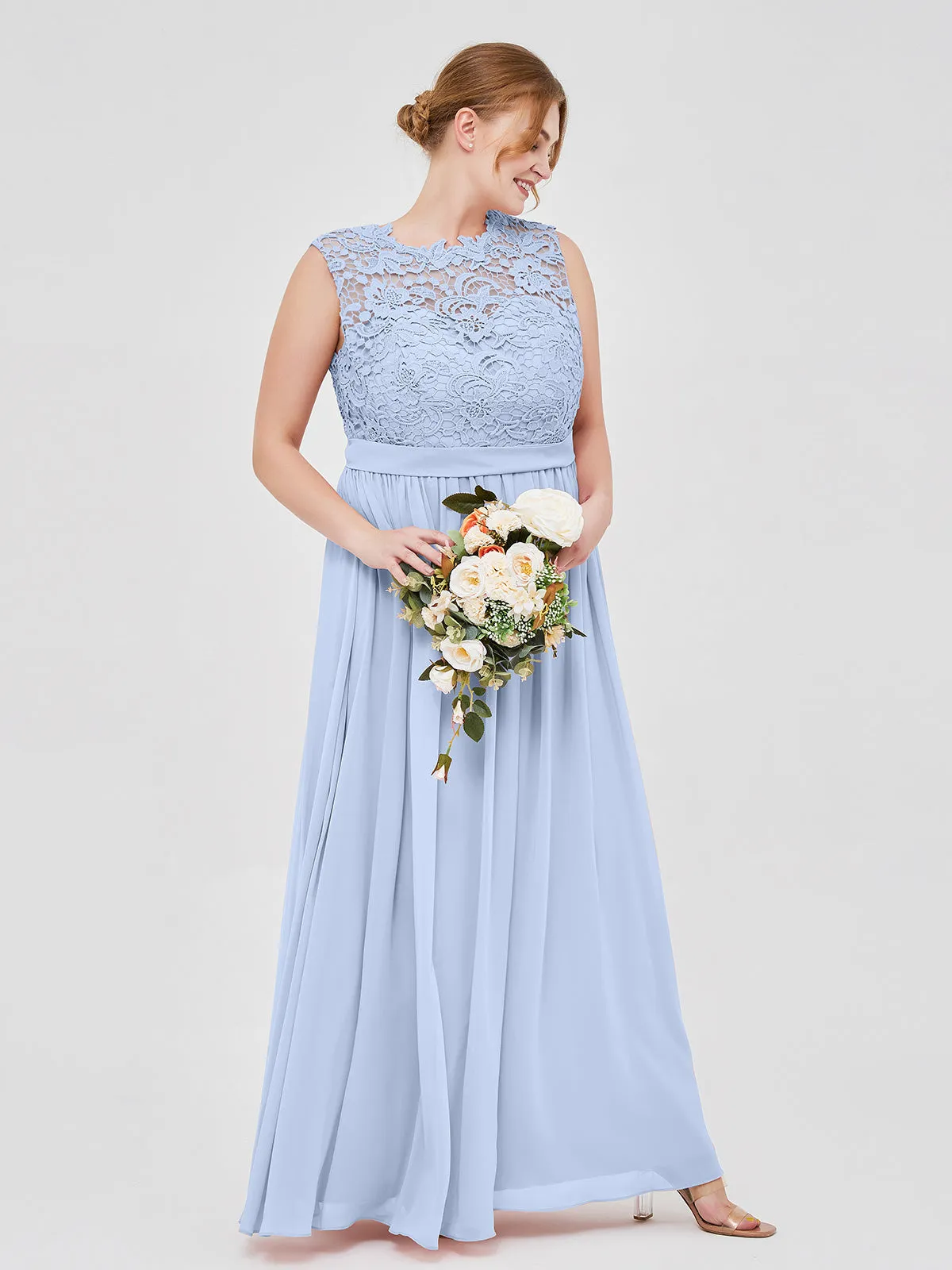 Illusion Neck Chiffon and Lace Dresses Sky Blue