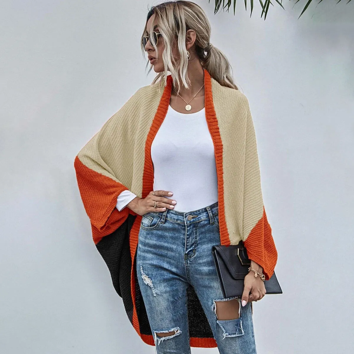 Leisure Color Panel Chunky Knit Open Front Batwing Sleeve Oversized Cape Cardigan