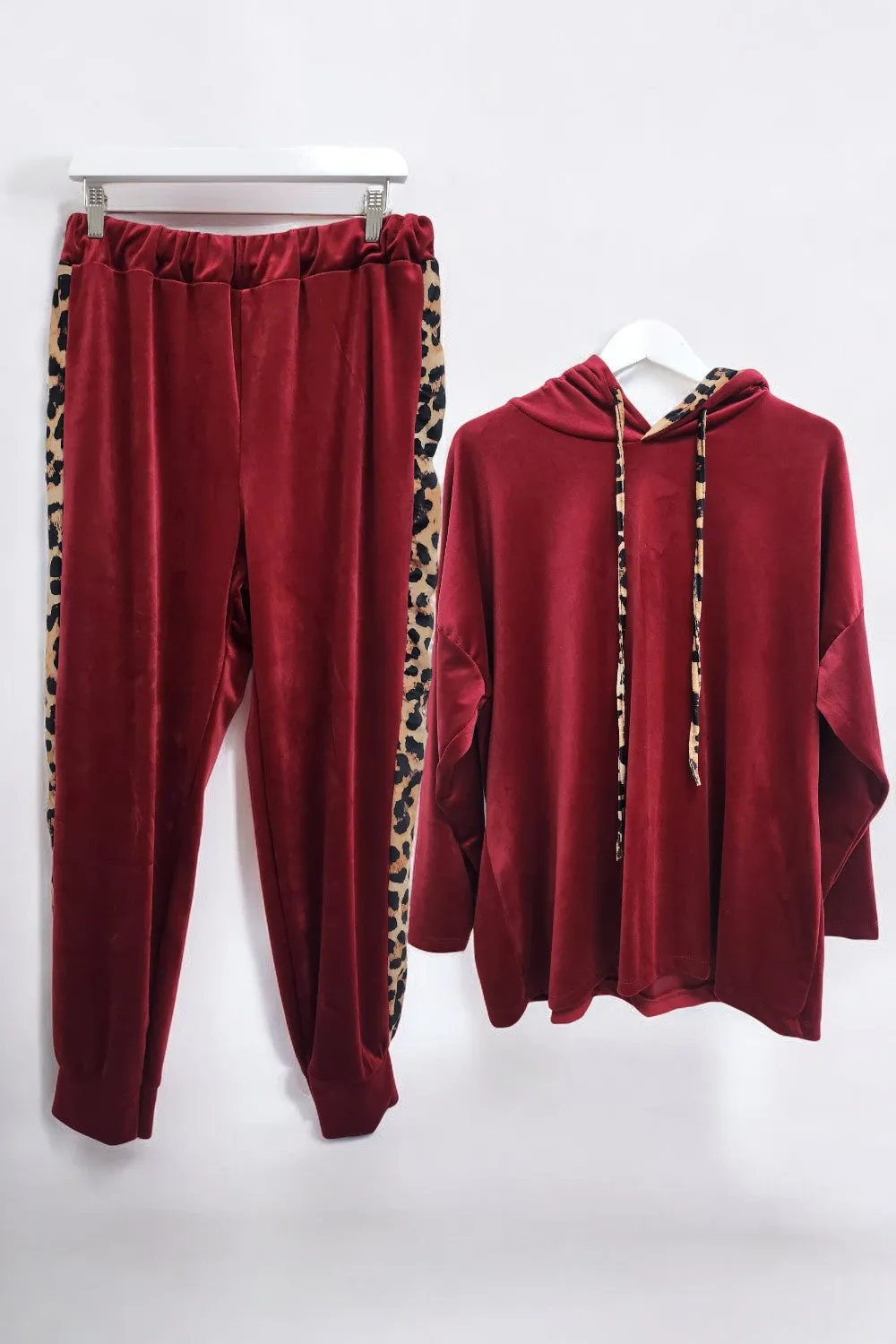 Leopard Print Panel Velour Hooded Co Ord Set