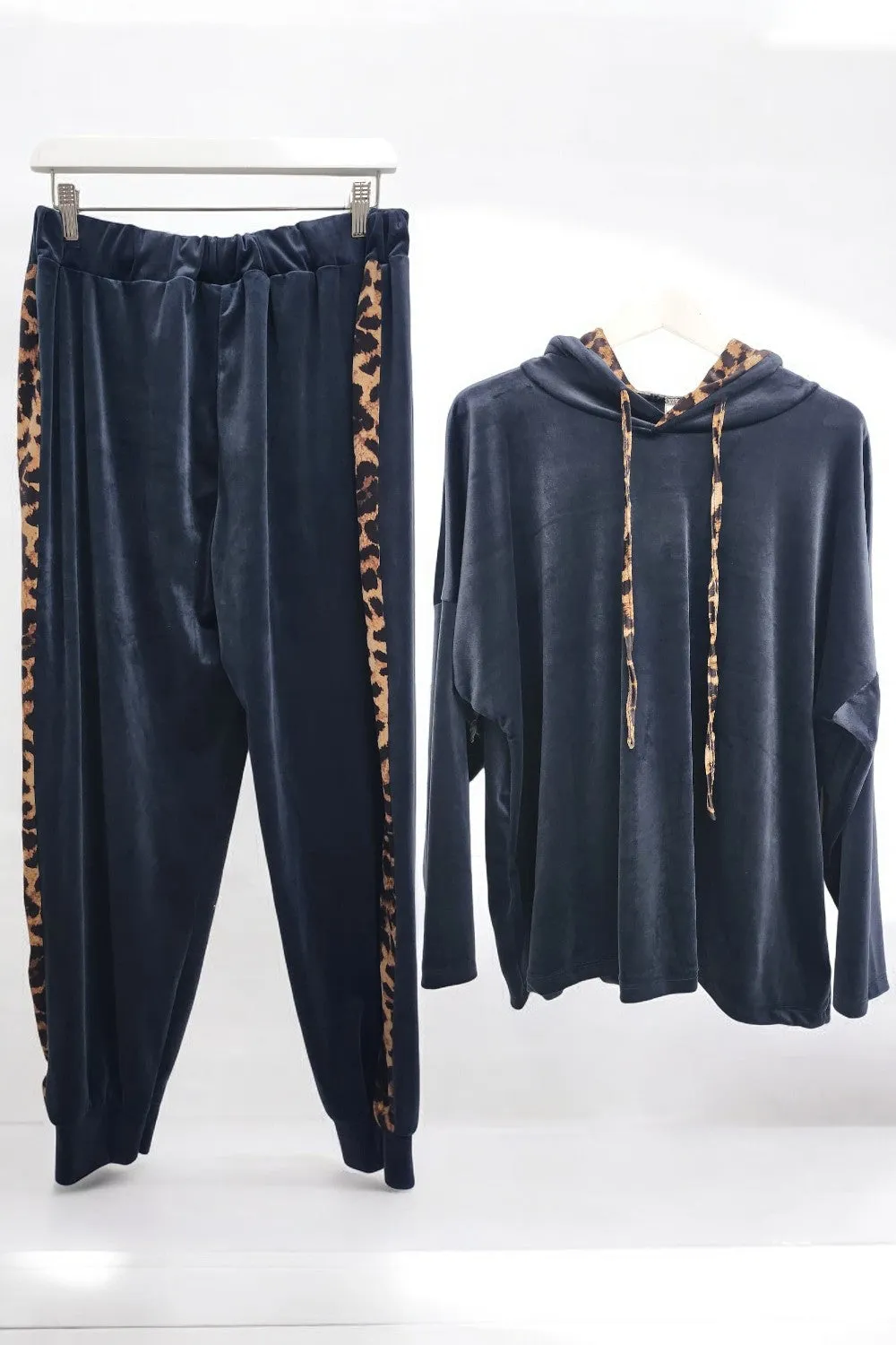 Leopard Print Panel Velour Hooded Co Ord Set